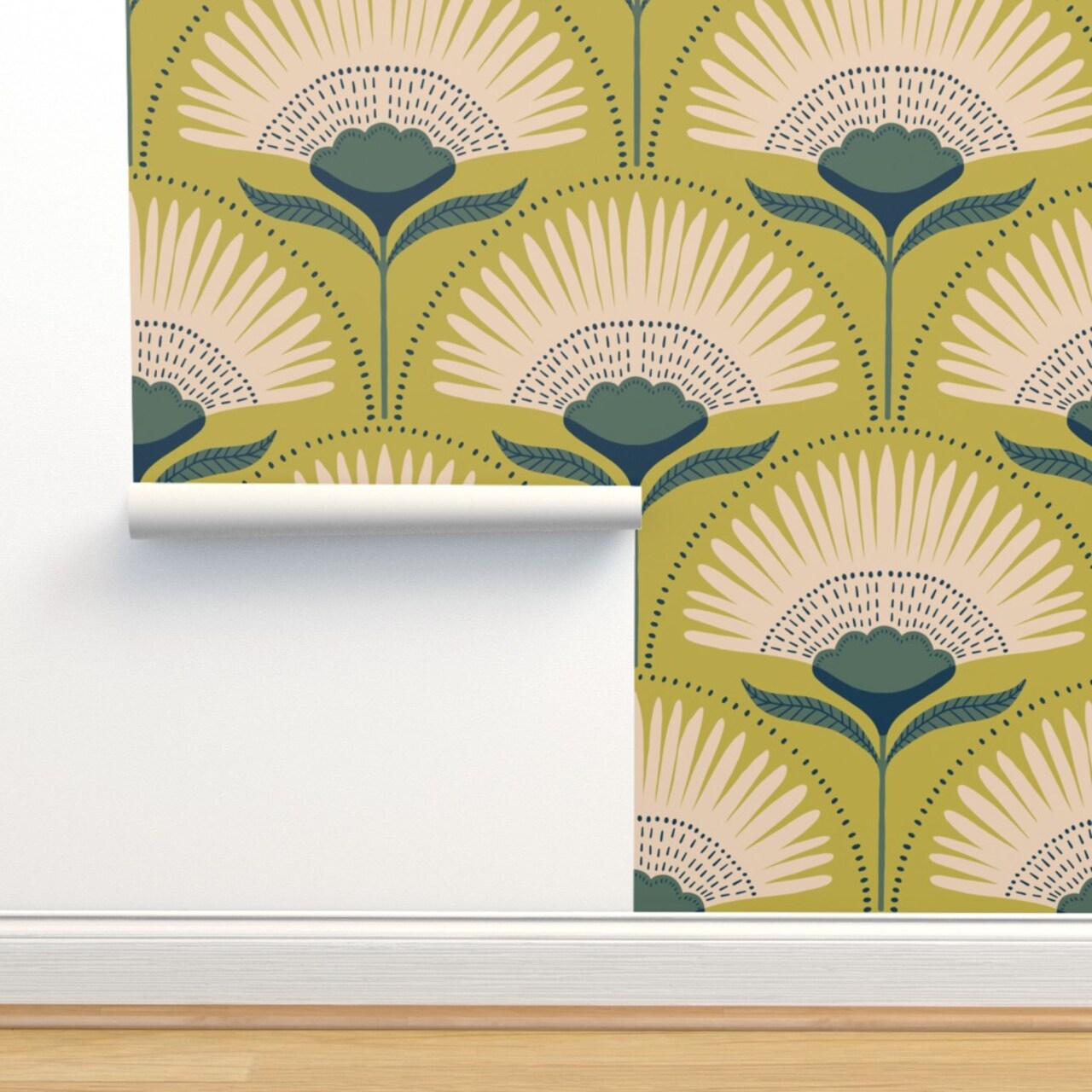 Deco Floral Fans Green Chartreuse Geometric Flowers Large Scale Mid Century Mod Custom Pre-pasted Wallpaper by Spoonflower Pre-Pasted Wallpaper 2FT Wide